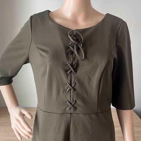 Olive Green Stretch 3/4 Sleeve Empire Sheath A-Line Dress Size medium - Picture 6 of 6